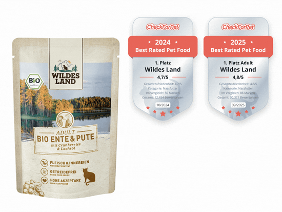 Auswahl an Katzenfutter nass für Katzen von Wildes Land, ausgezeichnet als Testsieger und „Best Rated Pet Food 2024 & 2025“ von CheckForPet.